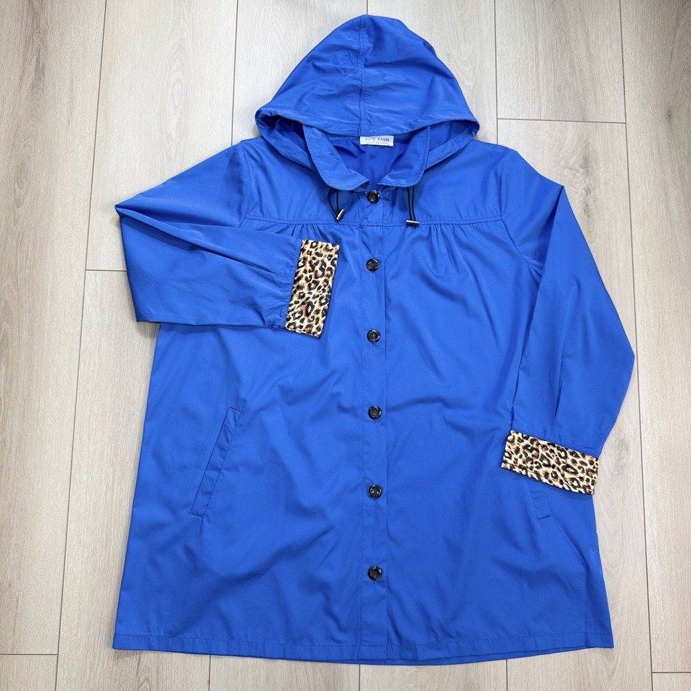 Kate Kasin Womens XXL Blue Rain‎ Jacket Hooded Leopard Trim Button Coat Long